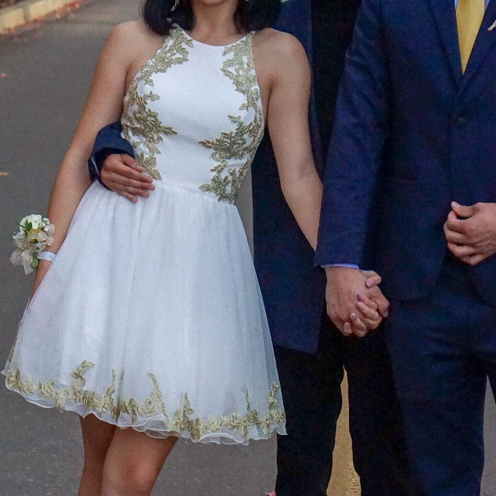 White and Gold Short Homecoming Dress